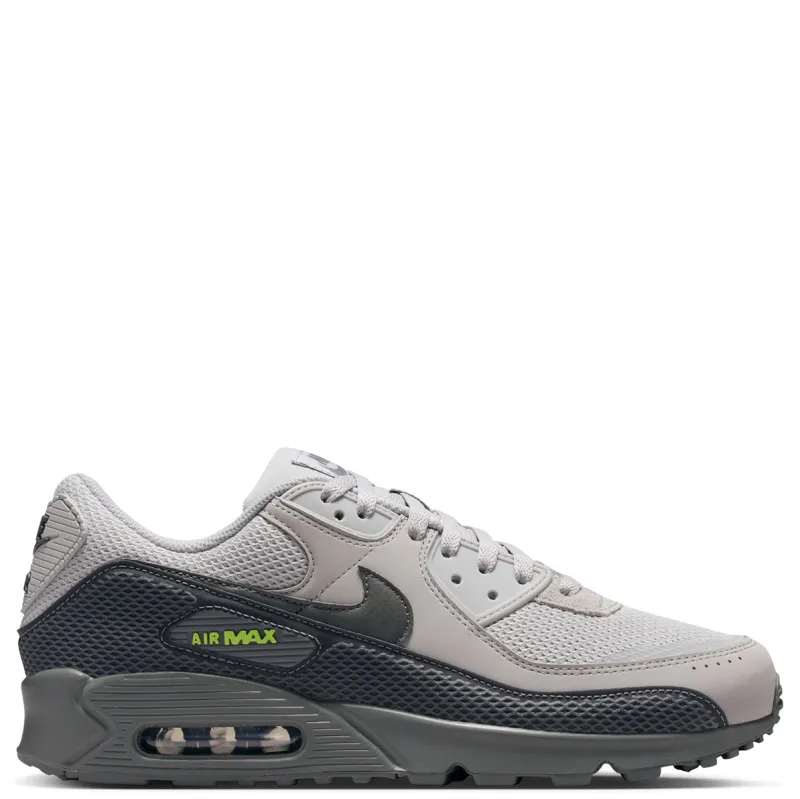 Medial side profile of Nike Air Max 90 Premium in Lt Smoke Grey and Iron Grey.