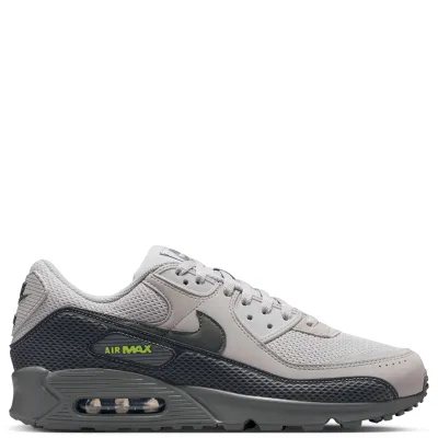 Medial side profile of Nike Air Max 90 Premium in Lt Smoke Grey and Iron Grey.