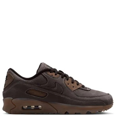 Medial view of Nike Air Max 90 in brown leather with layered panels, tonal Swoosh and translucent gum midsole.