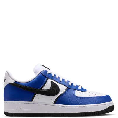 Lateral side profile of Nike Air Force 1 '07 LV8 with Old Royal overlays and black Swoosh.