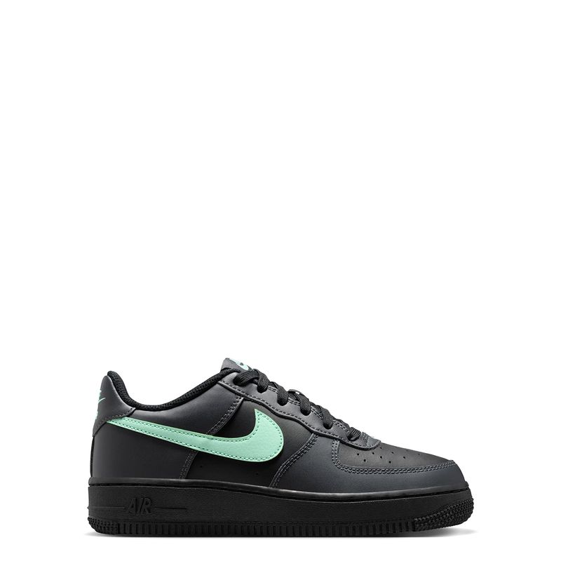 Medial side profile of Nike Air Force 1 GS in Black with Arctic Green Swoosh.