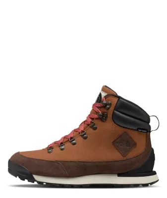 Side view of The North Face Back-To-Berkeley IV boot with brown canvas, suede rand, red laces and black collar.