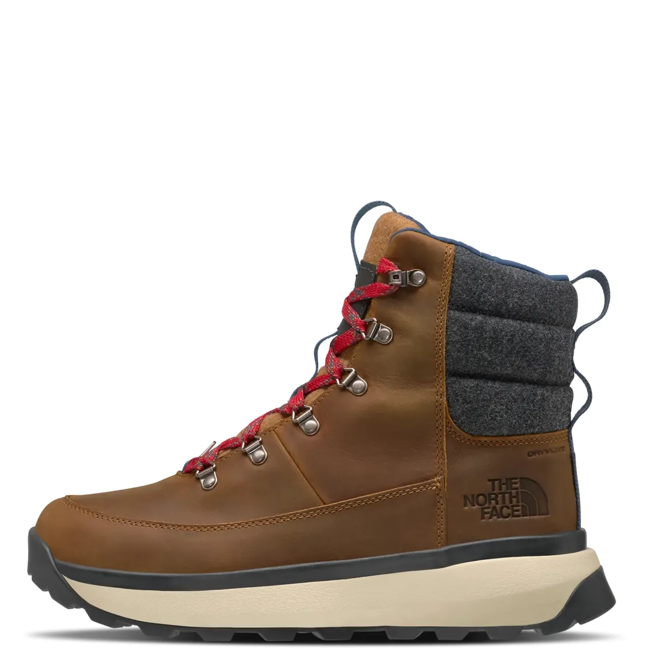 Side view of The North Face Bergen Leather WP boot showing brown leather, padded collar and lugged outsole.
