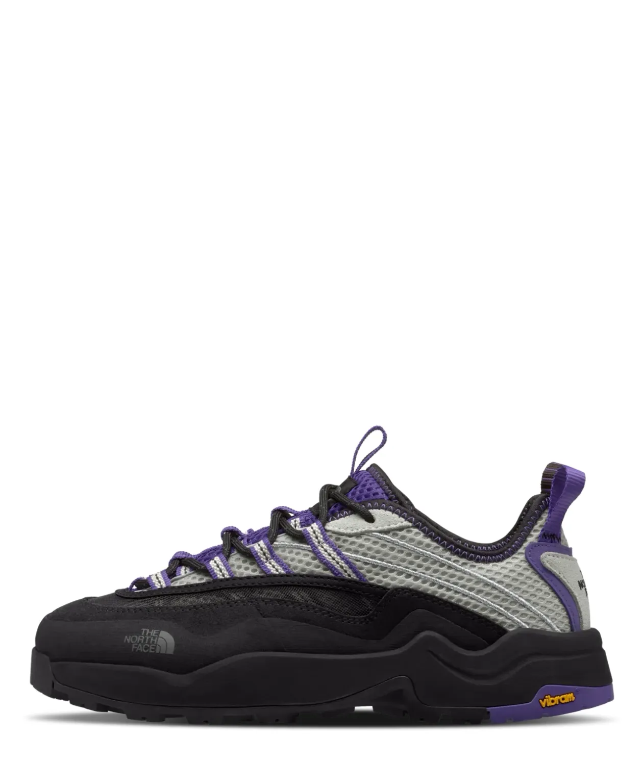Opposite side view of The North Face Clyffe Ultra highlighting layered mesh, suede panels and Peak Purple accents.