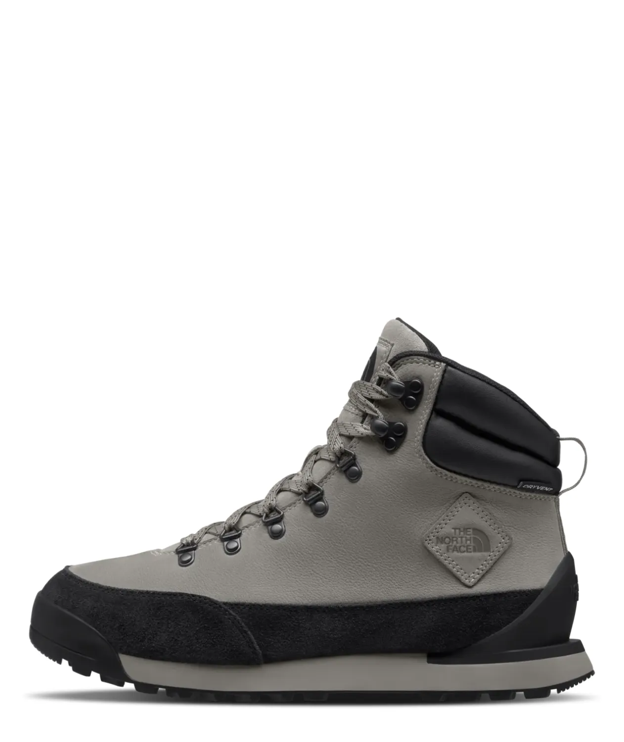 Side view of The North Face Back-To-Berkeley IV Leather boot with Stone Slab leather, black suede rand and DRYVENT.