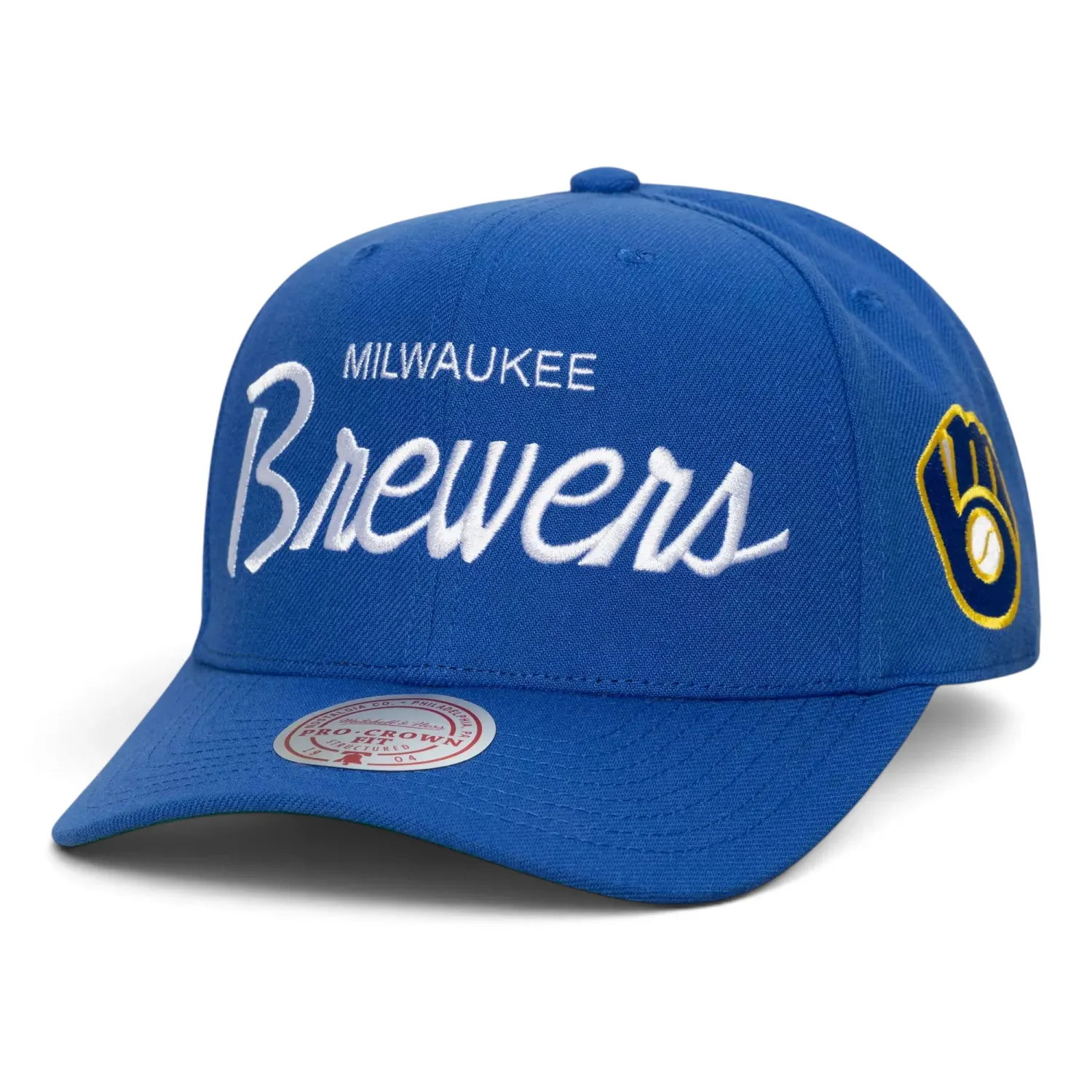 Mitchell &amp; Ness Milwaukee Brewers Head Coach Pro Crown snapback hat in royal blue with embroidered Brewers script.