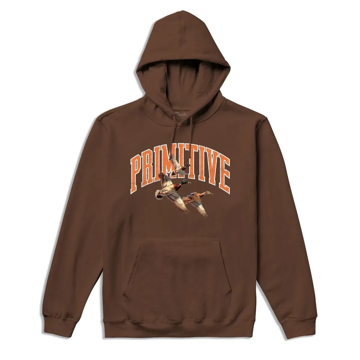 Front view of the Primitive Flock Pullover Hoodie in brown featuring collegiate logo and flying duck screen print.