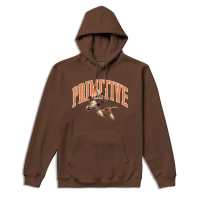 Front view of the Primitive Flock Pullover Hoodie in brown featuring collegiate logo and flying duck screen print.