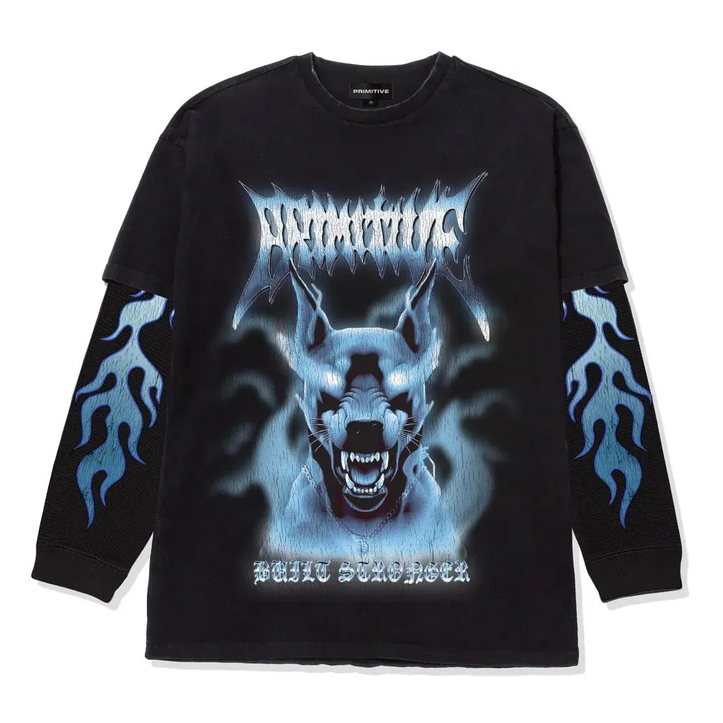Front view of the Primitive Defender Heavyweight Two-Fer Long Sleeve Tee in black with wolf graphic and blue flame sleeves.