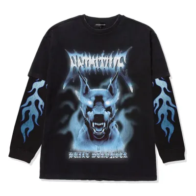 Front view of the Primitive Defender Heavyweight Two-Fer Long Sleeve Tee in black with wolf graphic and blue flame sleeves.