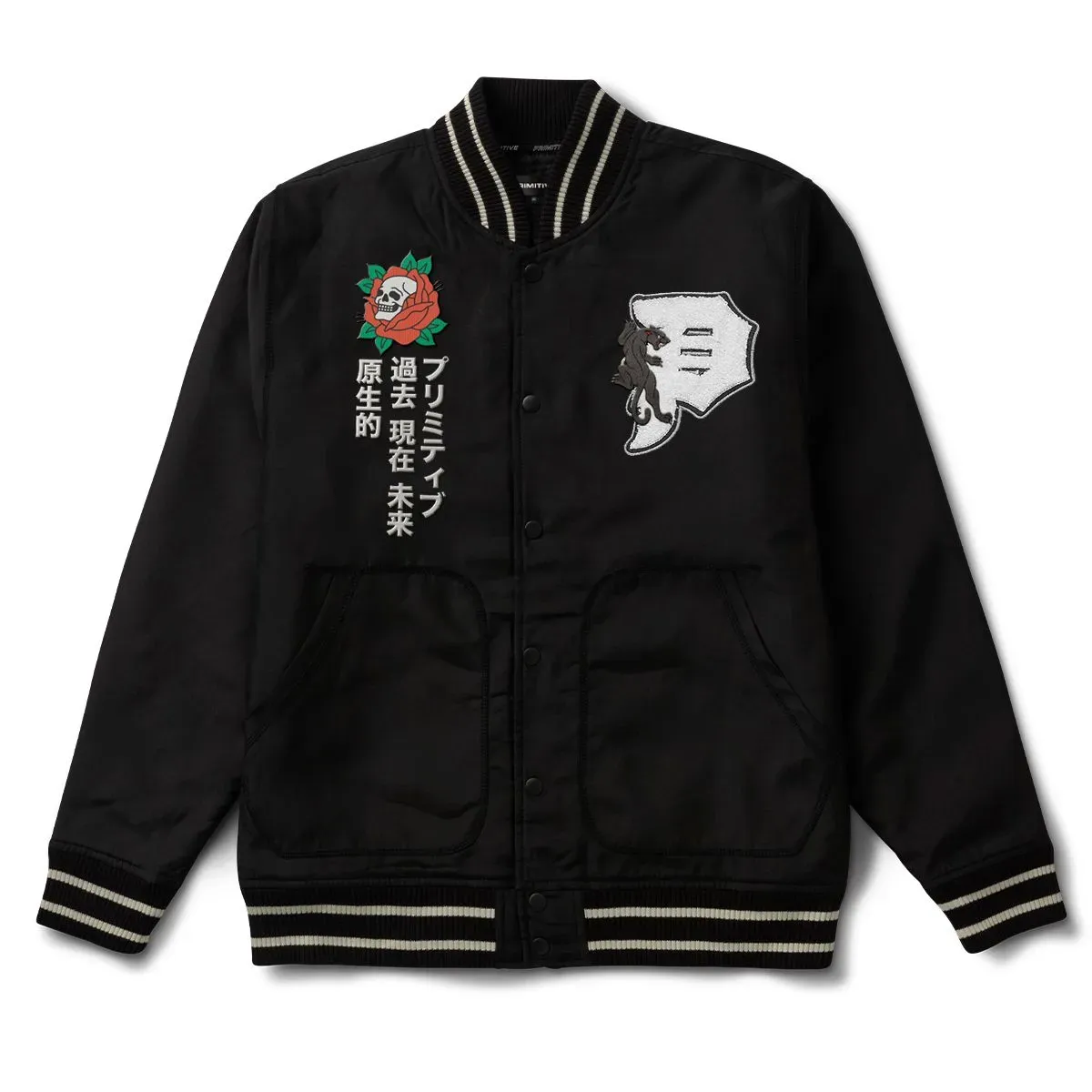 Front view of the Primitive Outsider Varsity Jacket in black with chenille patches, embroidered graphics, and snap closure.