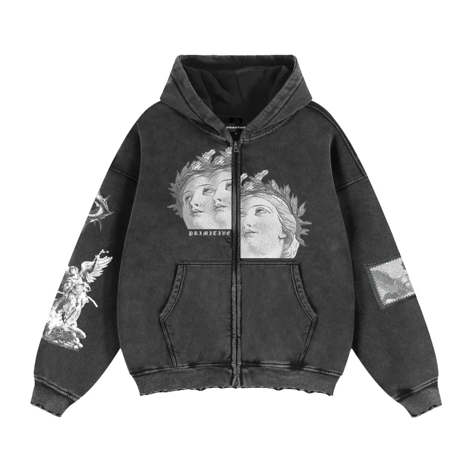 Front view of Primitive Century Heavyweight Zip Hoodie in washed black with classical artwork and full-zip design.