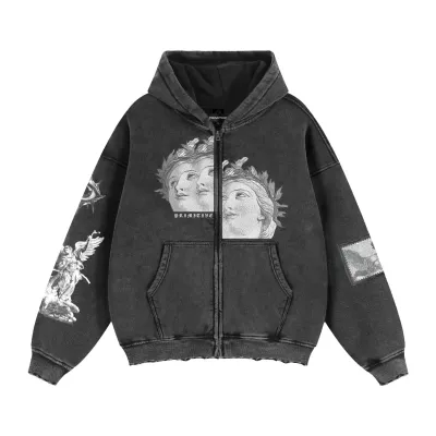 Front view of Primitive Century Heavyweight Zip Hoodie in washed black with classical artwork and full-zip design.