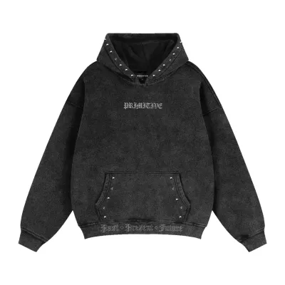 Front view of Primitive Treasure Heavyweight Pullover Hoodie in washed black with embroidered logo and stud accents.