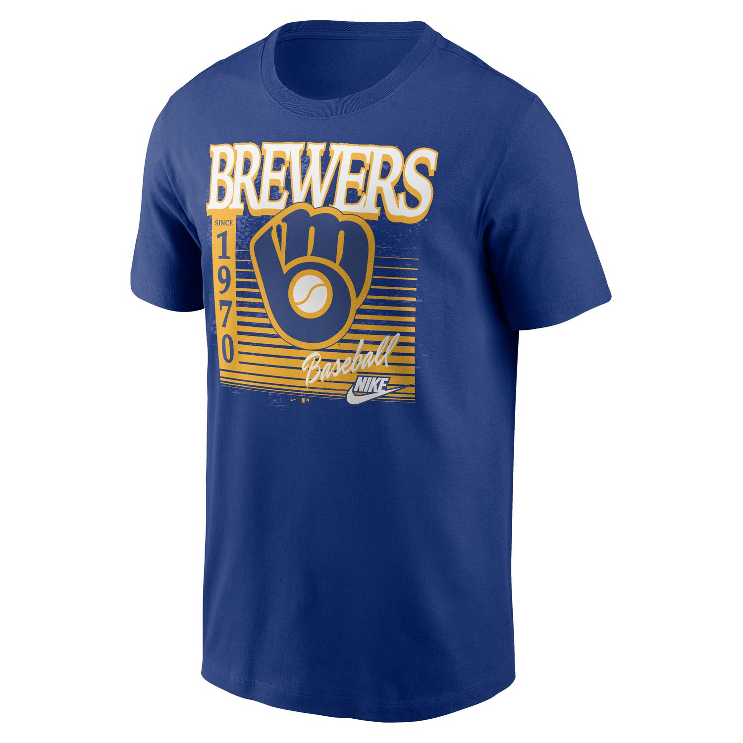 Front of Nike Milwaukee Brewers Cooperstown oversized logo T-shirt in royal blue with vintage glove graphic.