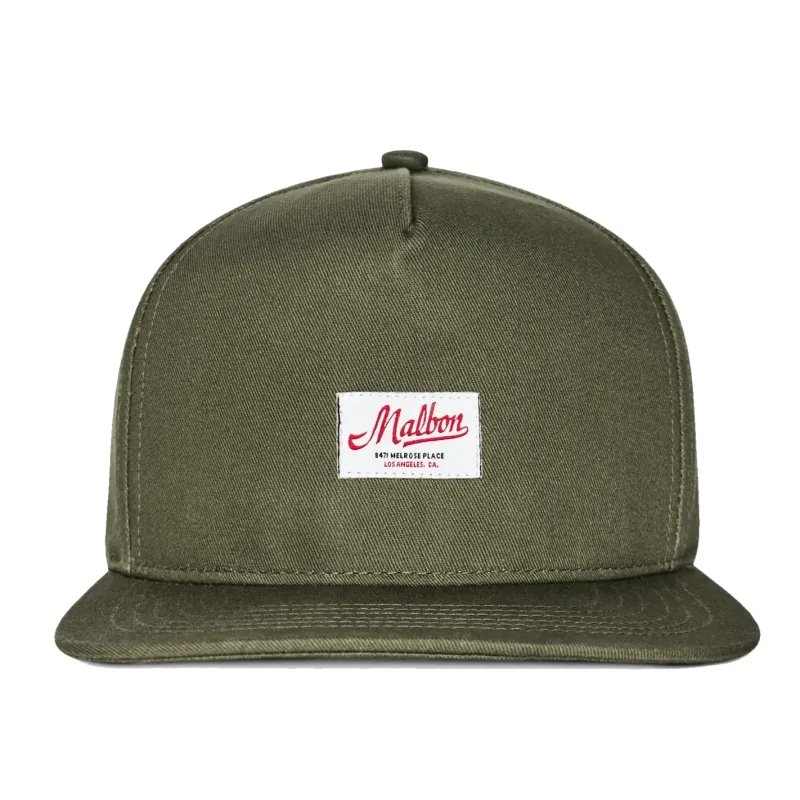 Front view of the Malbon Golf Benchmark Snapback Hat in Military Green with vintage woven logo patch.