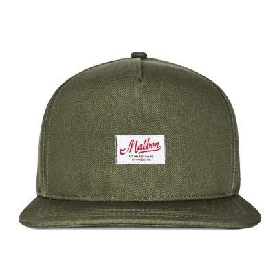 Front view of the Malbon Golf Benchmark Snapback Hat in Military Green with vintage woven logo patch.