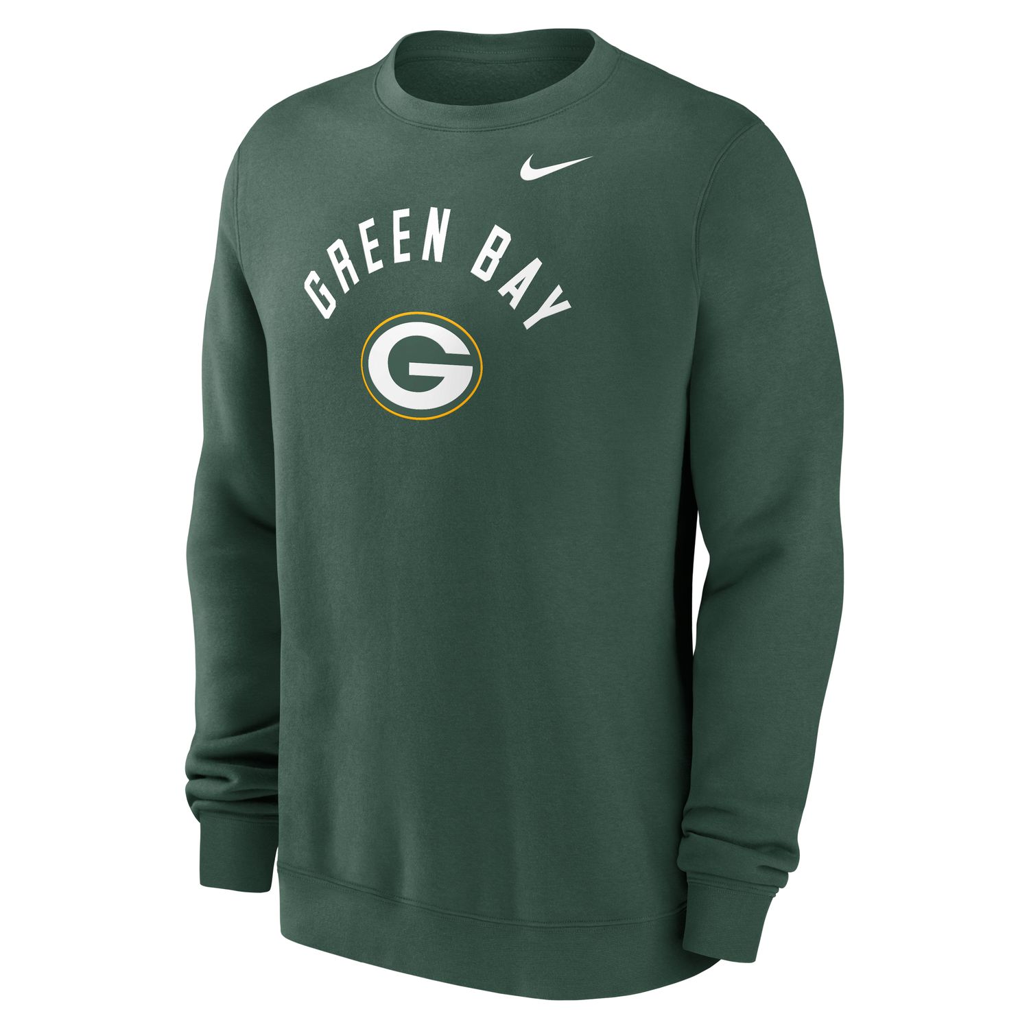 Front view of the Nike Green Bay Packers Primetime Club Crewneck Sweatshirt in green with team logo graphic.