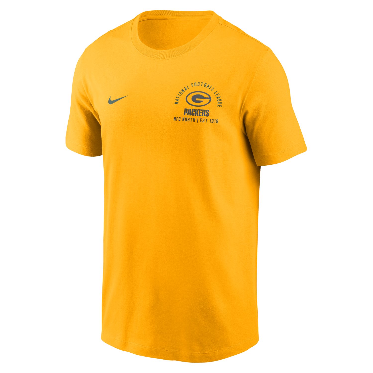 Front angled view of the Nike Green Bay Packers Split Logo Tee in gold with chest team graphics.