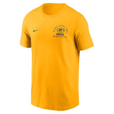 Front angled view of the Nike Green Bay Packers Split Logo Tee in gold with chest team graphics.