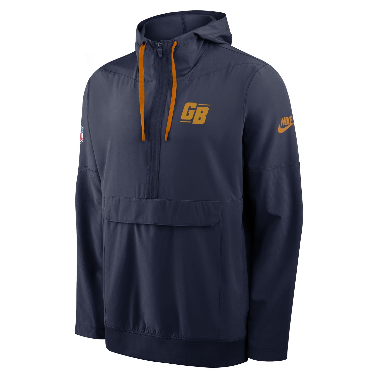 Front angled view of the Nike Green Bay Packers Broken Rules Alternate Anorak Jacket in navy with hood.