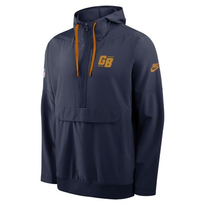 Front angled view of the Nike Green Bay Packers Broken Rules Alternate Anorak Jacket in navy with hood.