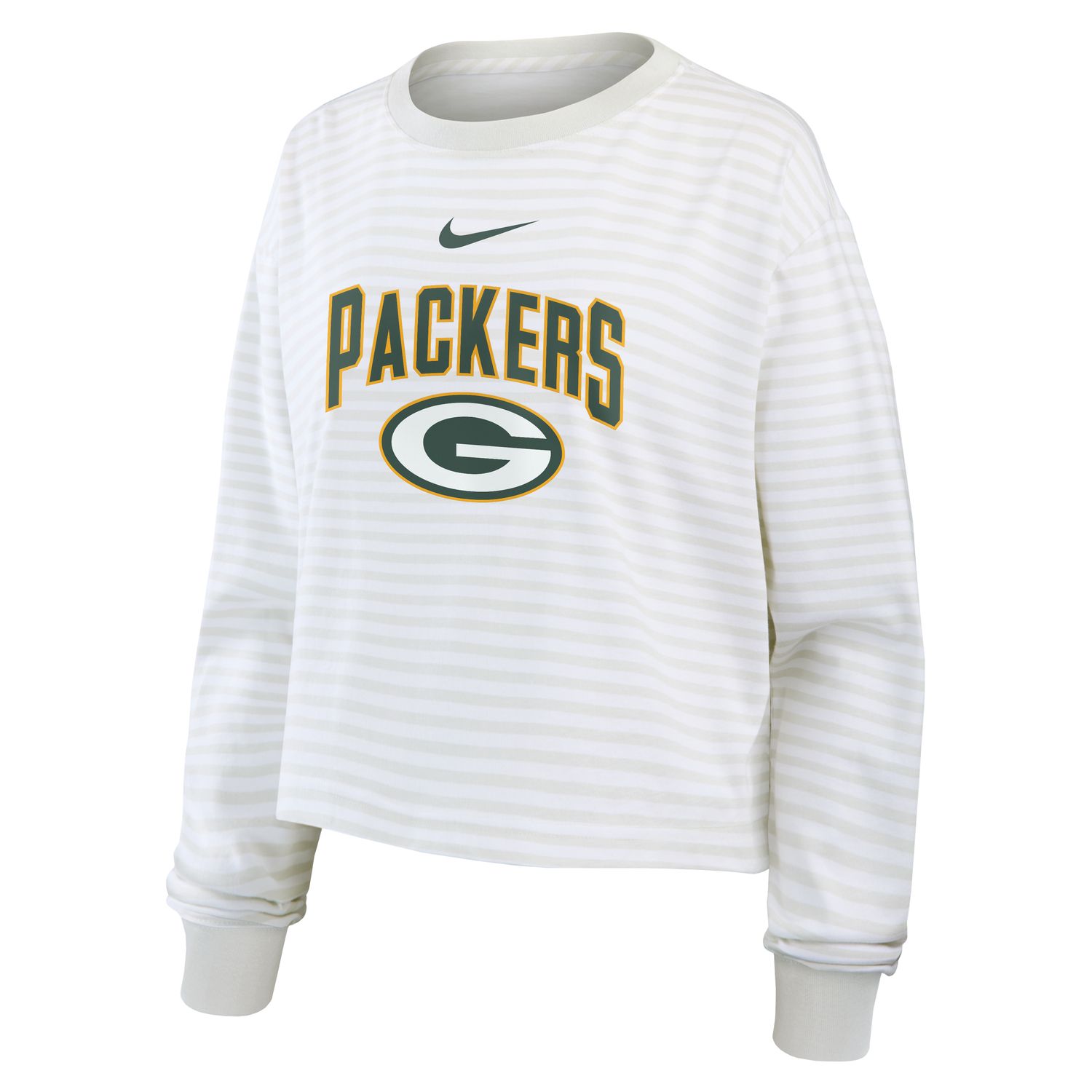 Front angled view of the Nike Green Bay Packers Women's Team Rival Cropped Long Sleeve in White/Photon Dust.