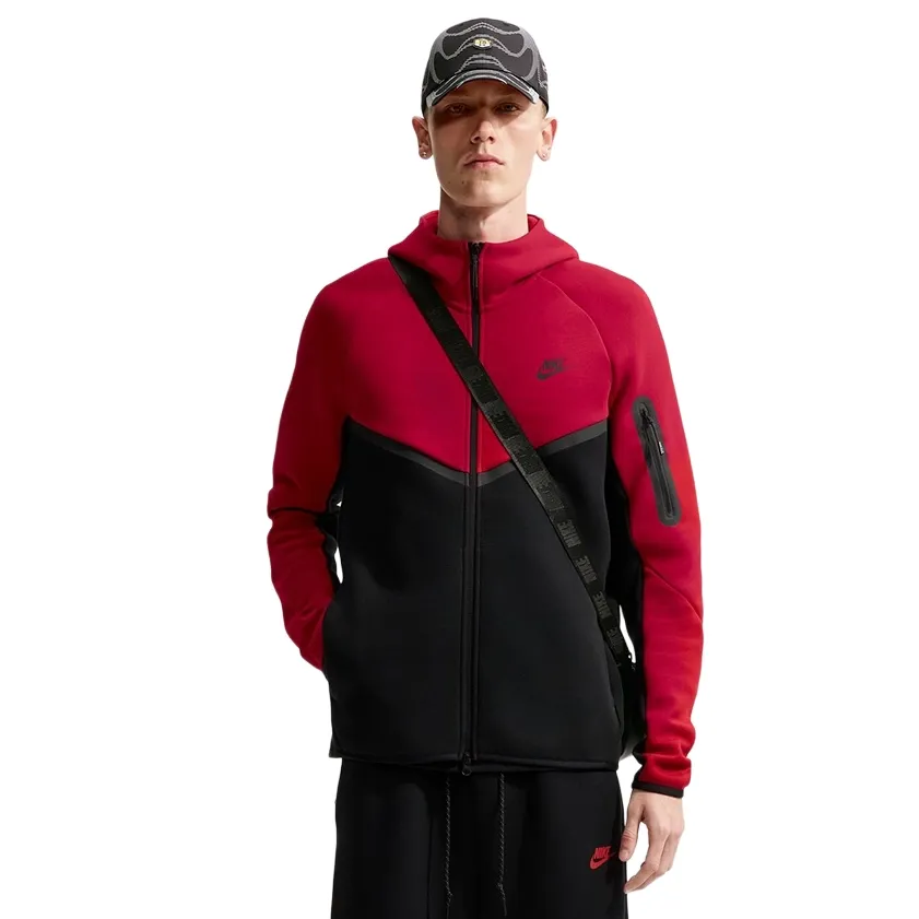 Front view of the Tough Red and Black Nike Tech Windrunner showing the full zipper and sleeve pocket.