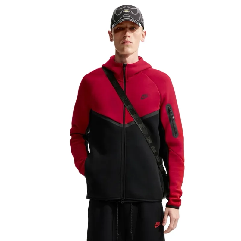 Front view of the Tough Red and Black Nike Tech Windrunner showing the full zipper and sleeve pocket.