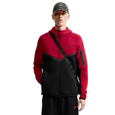 Front view of the Tough Red and Black Nike Tech Windrunner showing the full zipper and sleeve pocket.