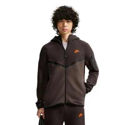 Front view of the Velvet Brown Windrunner showing its full zipper, Crimson Futura logo and sleeve pocket.