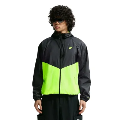 Front view of the Black and Volt Nike Windrunner Jacket showing the hood, two-way zipper and chevron panels.