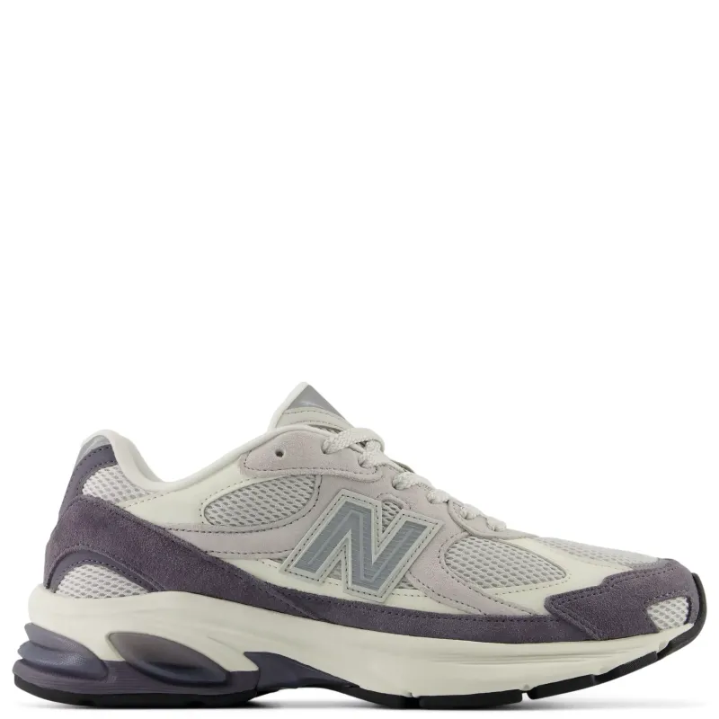 Lateral view of New Balance ABZORB 2010 in Neptune Grey and Sea Salt with layered suede, mesh and ABZORB cushioning.