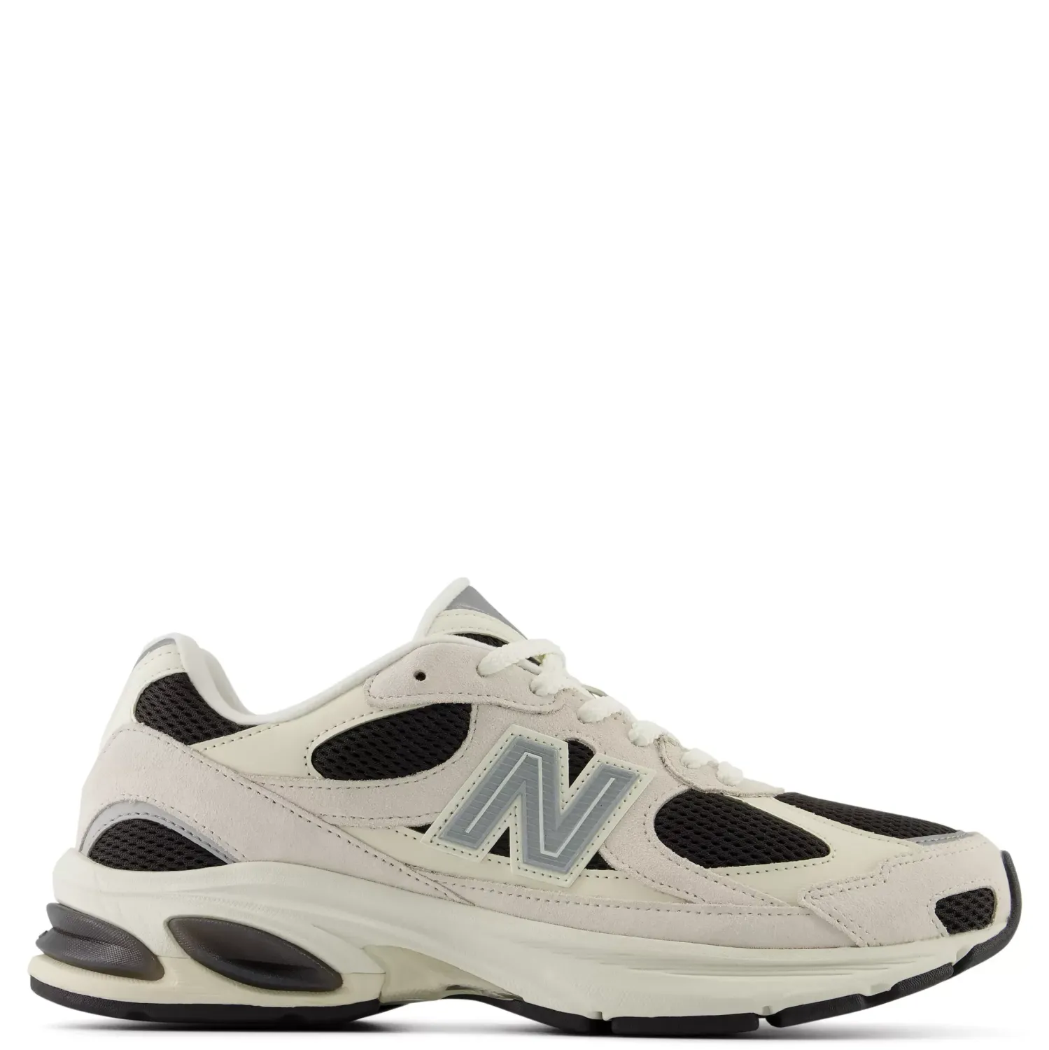 Lateral side view of the New Balance ABZORB 2010 in Sea Salt/Black with segmented ABZORB cushioning.
