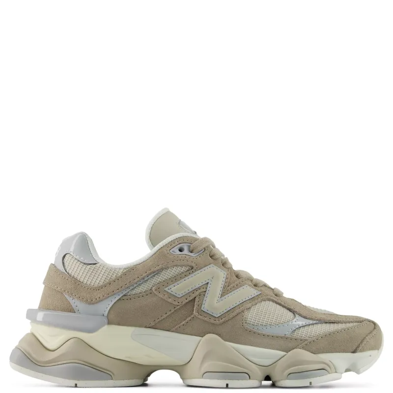 Lateral side view of the New Balance 9060 in Driftwood/Timberwolf with suede overlays and sculpted midsole.