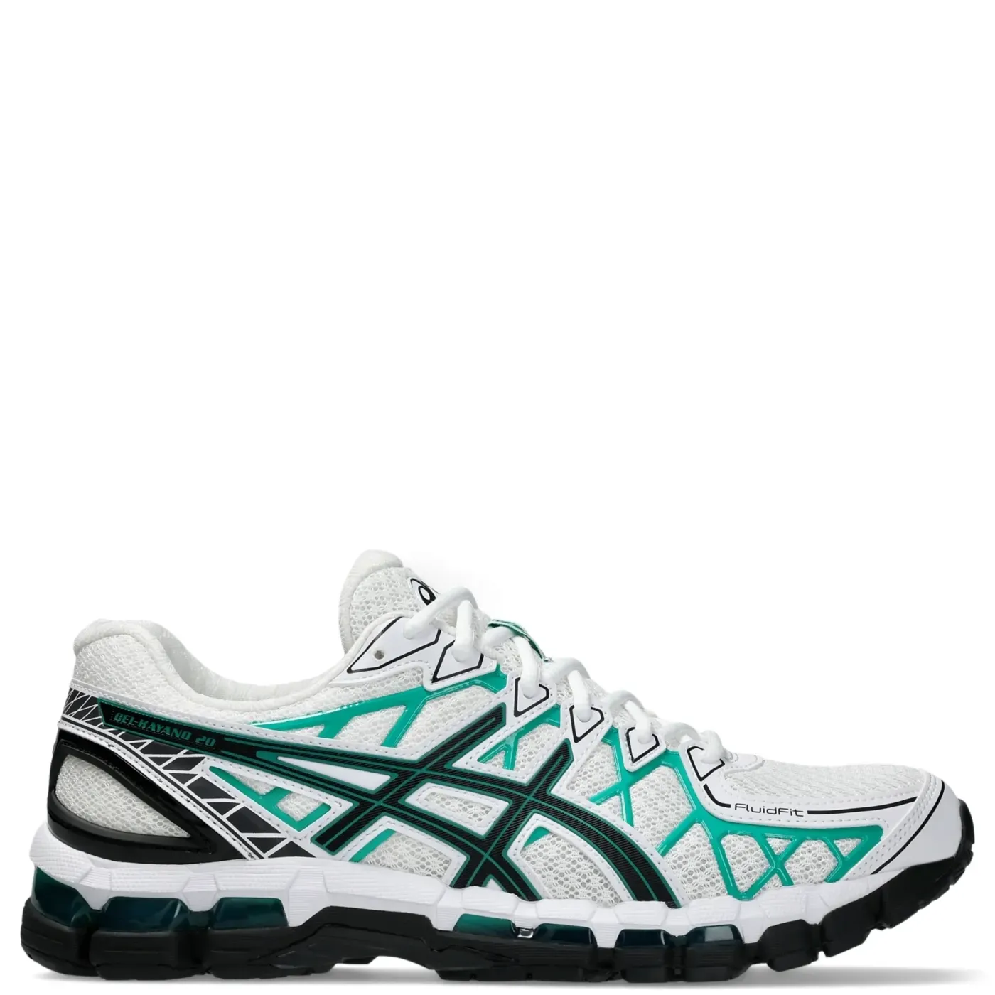 Right side profile of the ASICS GEL-KAYANO 20 displaying GEL-KAYANO 20 branding and structural heel support.