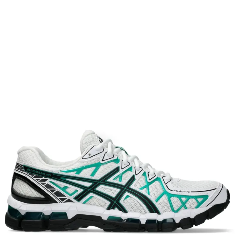 Right side profile of the ASICS GEL-KAYANO 20 displaying GEL-KAYANO 20 branding and structural heel support.