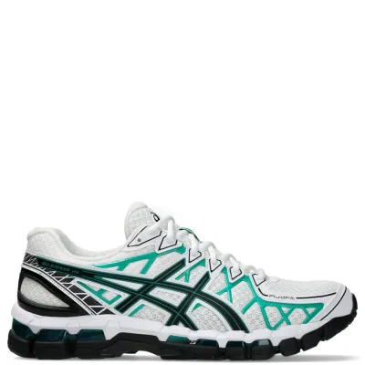 Right side profile of the ASICS GEL-KAYANO 20 displaying GEL-KAYANO 20 branding and structural heel support.