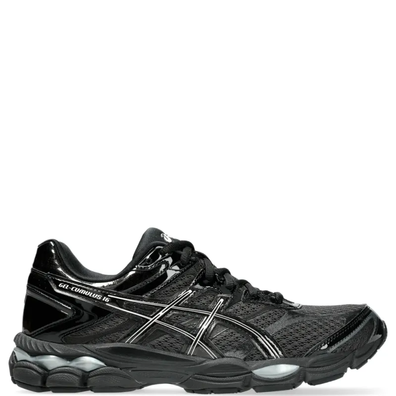 Right side profile of the ASICS GEL-CUMULUS 16 highlighting GEL-CUMULUS 16 branding and rear GEL cushioning.