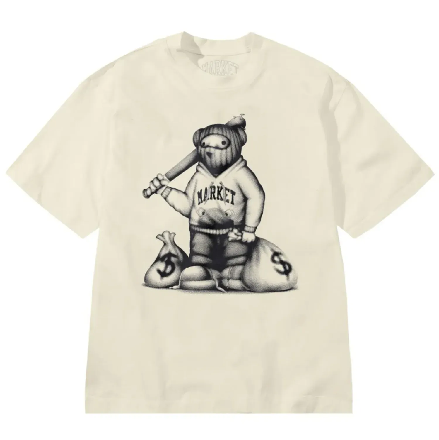 Ecru MARKET My Money Your Problem Tee with a masked bear holding a bat between two money bags.