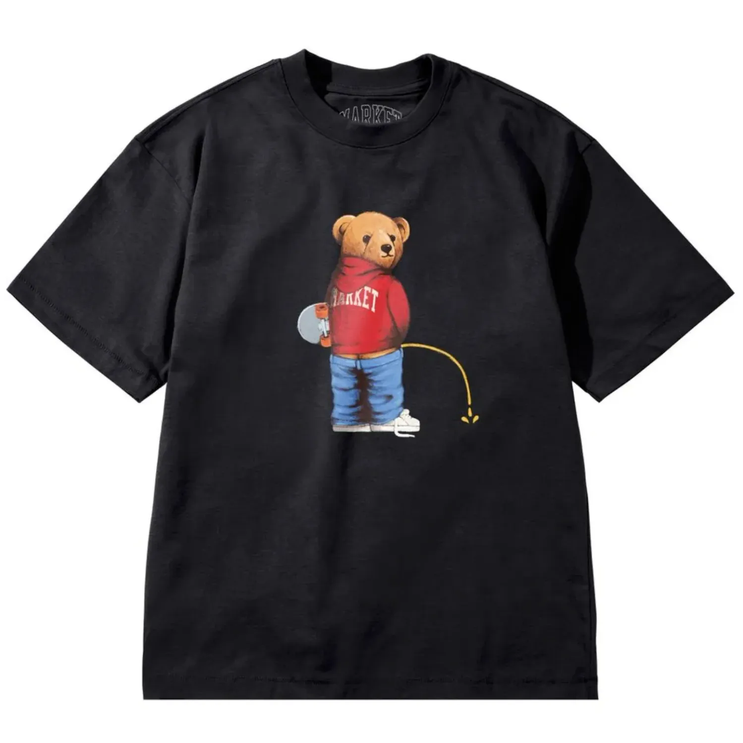 Black MARKET Trouble Making Bear Tee with a bear wearing a red hoodie and holding a skateboard graphic.