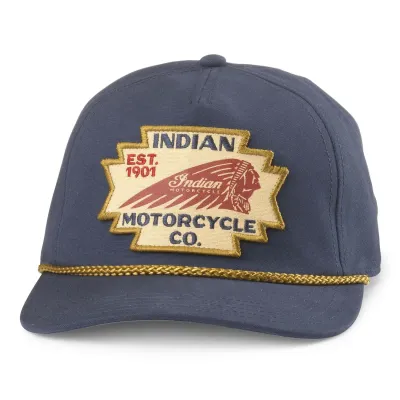 Front view of navy American Needle Indian Motorcycle canvas hat with vintage logo artwork and gold braided cord.