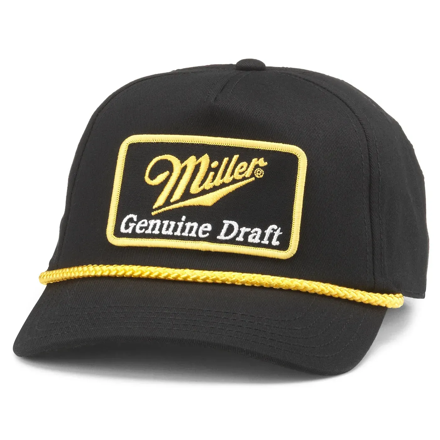 Front view of black American Needle Miller Genuine Draft Roscoe hat with embroidered patch and yellow braided cord.