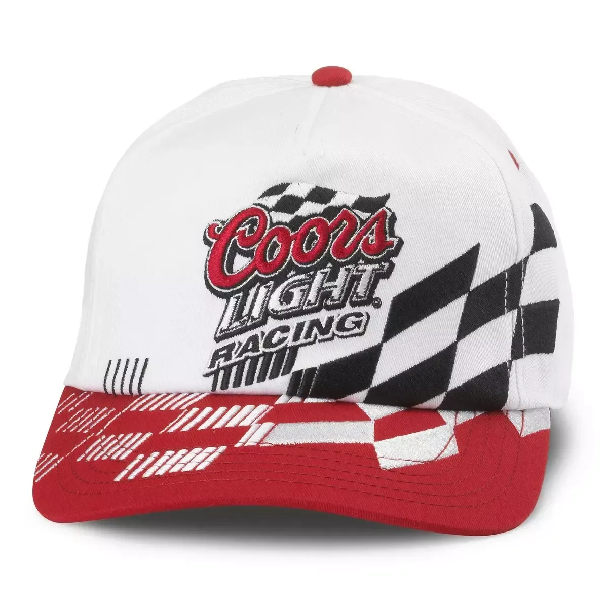 Front view of white Coors Light Racing hat with embroidered logo, black checkered graphics and red printed visor.