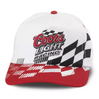 Front view of white Coors Light Racing hat with embroidered logo, black checkered graphics and red printed visor.