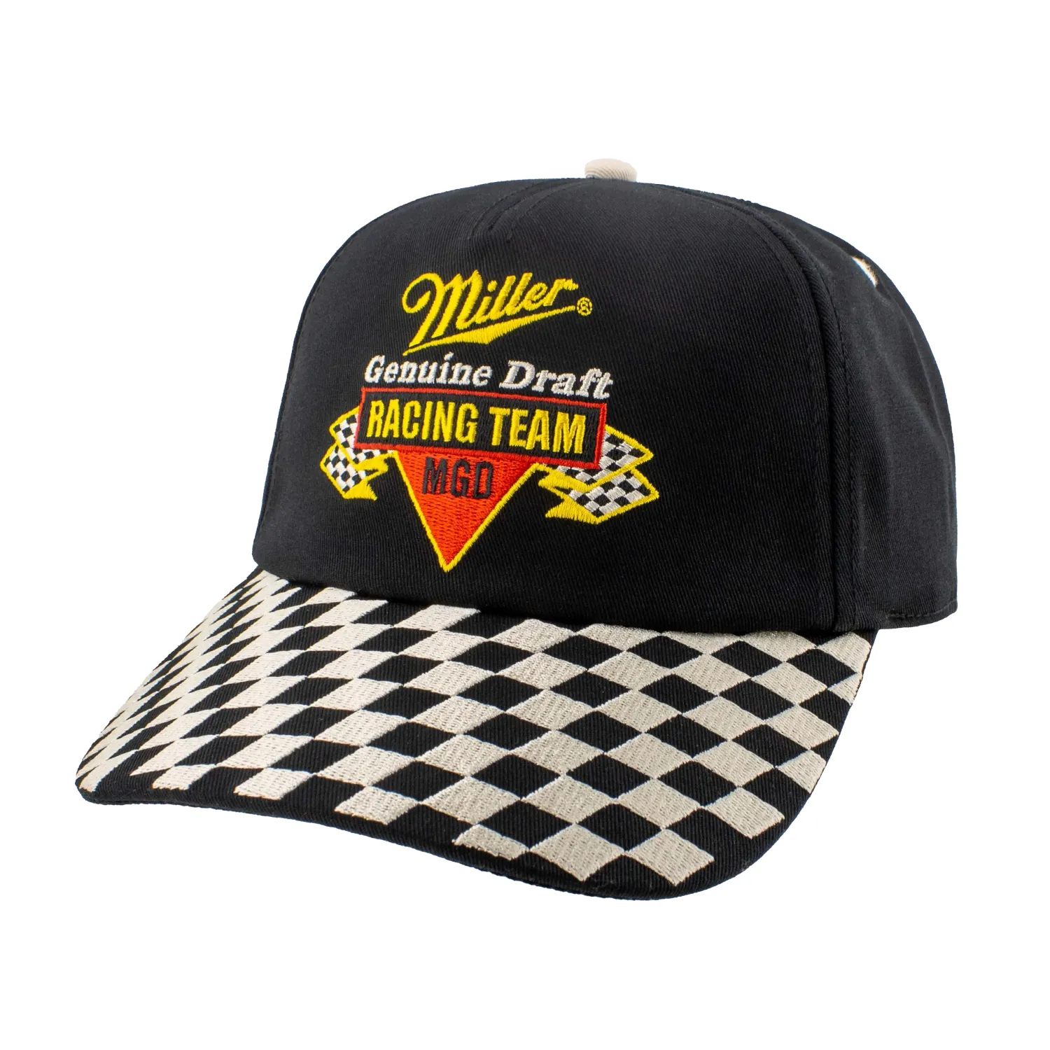 Front view of black Miller Genuine Draft Racing hat with embroidered team logo and checkered curved visor.