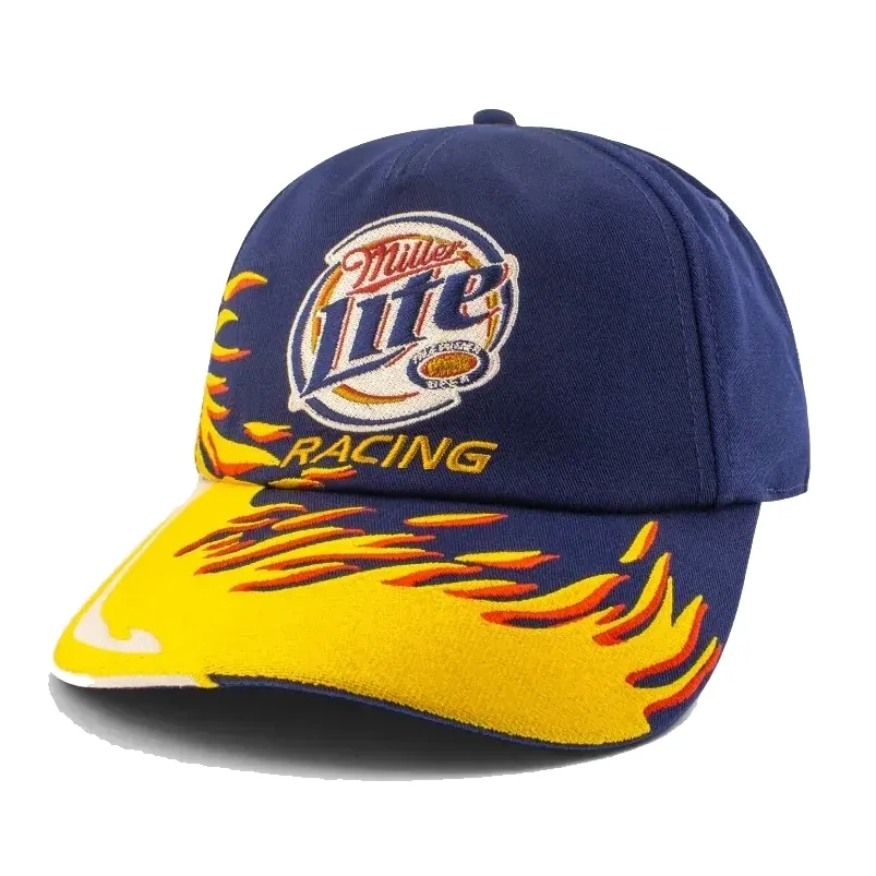 Angled view of navy Miller Lite Racing snapback hat showing embroidered logo and vivid flame graphics.