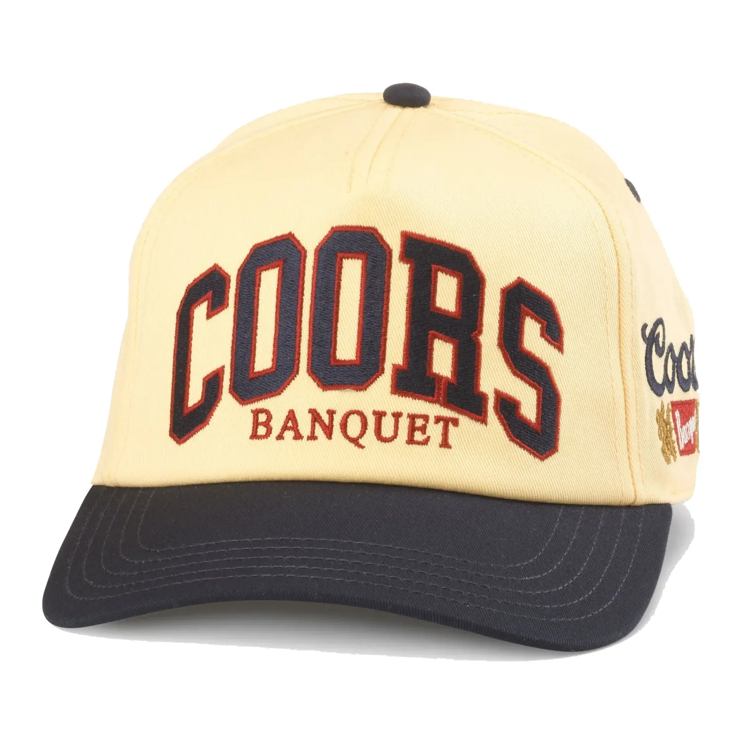 Front view of Lemon Ice Coors Varsity Roscoe hat with embroidered collegiate logo and navy curved visor.