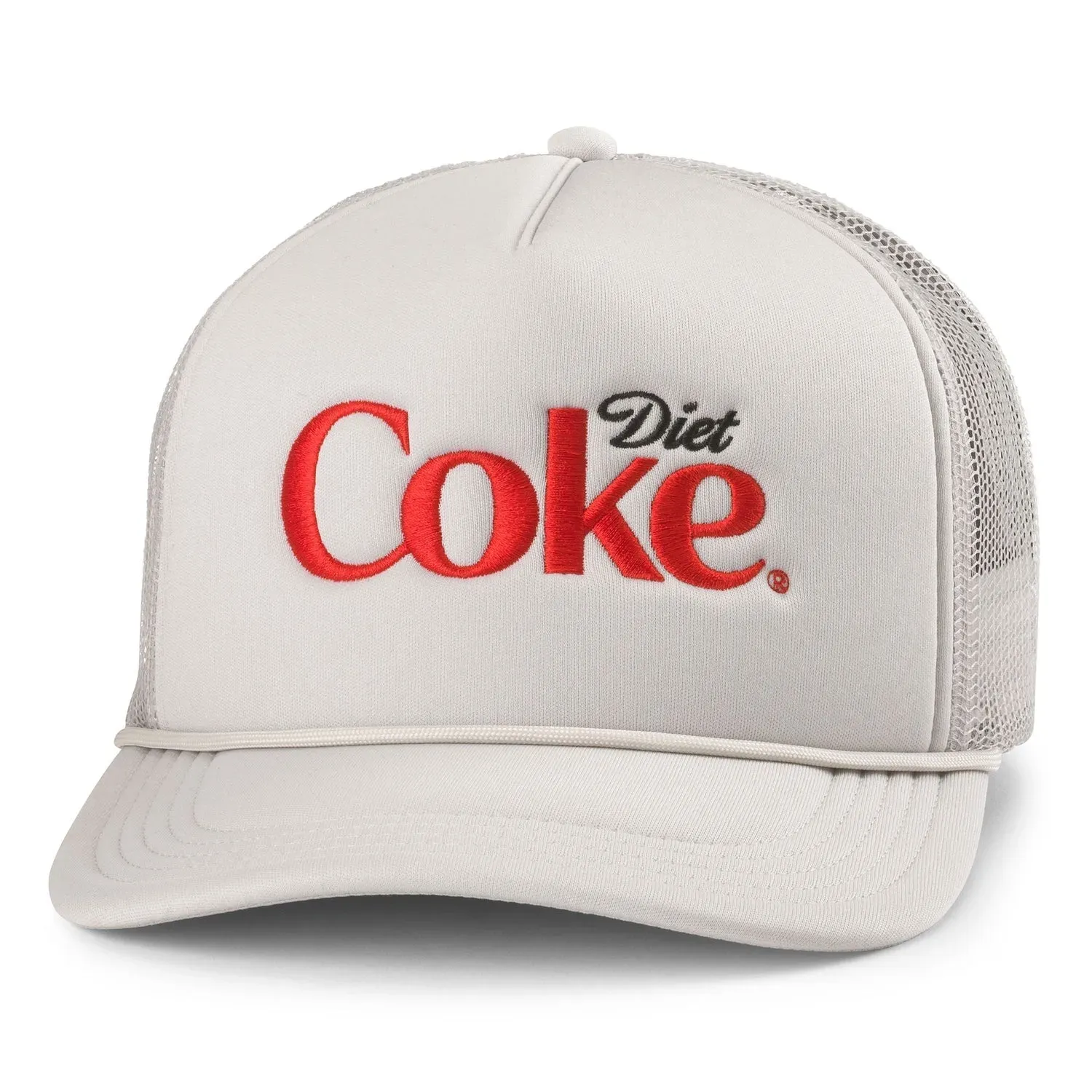Front view of silver Diet Coke Foamy Roscoe trucker hat with raised red logo, curved visor and braided rope.