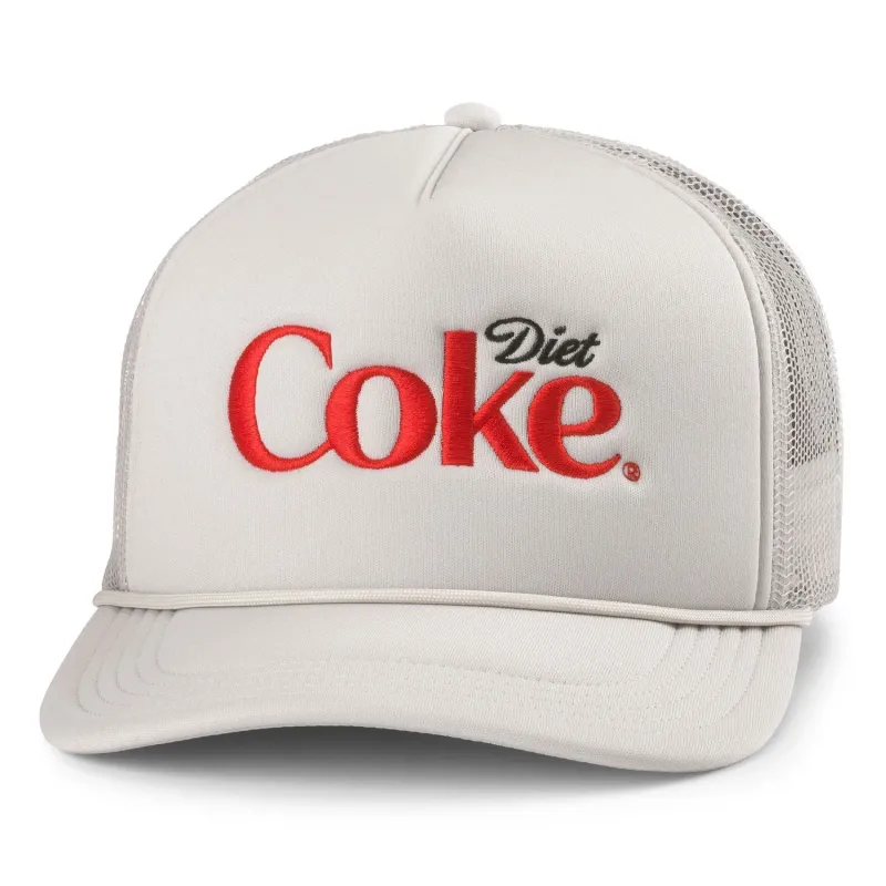 Front view of silver Diet Coke Foamy Roscoe trucker hat with raised red logo, curved visor and braided rope.